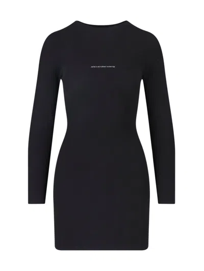 Alexander Wang Fitted Black Mini Dress With Round Neckline And Front Logo Detail In Transparent
