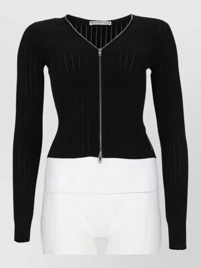 Alexander Wang Pointelle Textured Cardigan With Zip-up Front And V-neckline In Black