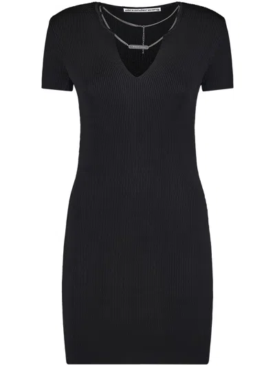 Alexander Wang Fitted V-neck Dress With Nameplate Chain Detail In Black