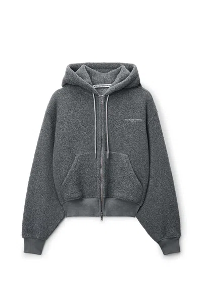 Alexander Wang Fleece Crystal Drawcord Shrunken Zip-up Hoodie Dark Grey Melange In Gray