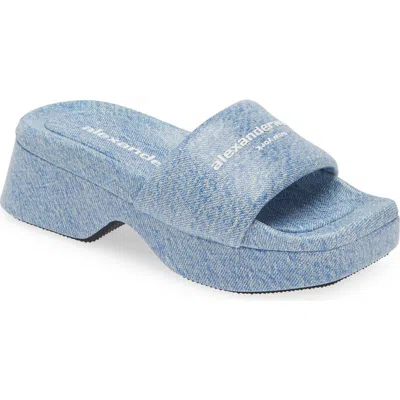 Alexander Wang Float Denim Print Leather Platform Slide Sandal In Purple