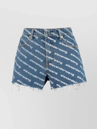 Alexander Wang Bite Logo High Waist Cutoff Denim Shorts In Blue White Indigo