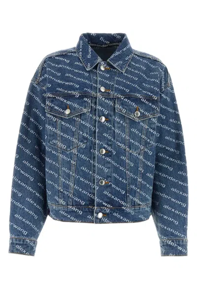 Alexander Wang Game Jacket W Logo Print Clear Bead Hotfix In Blue