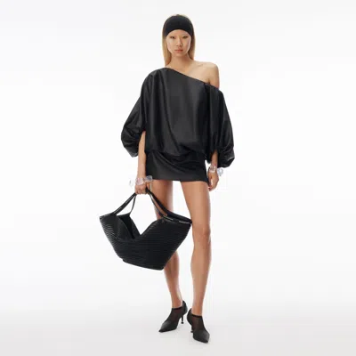 Alexander Wang Leather Gathered Off Shoulder Mini Dress In Black