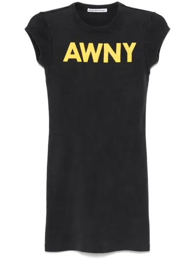 Alexander Wang Graphic Ribbed Cotton Mini Dress In Washed Black