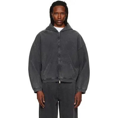 Alexander Wang Gray Crystal Hotfix Oversized Zip Up Hoodie In Washed Asphalt 029c