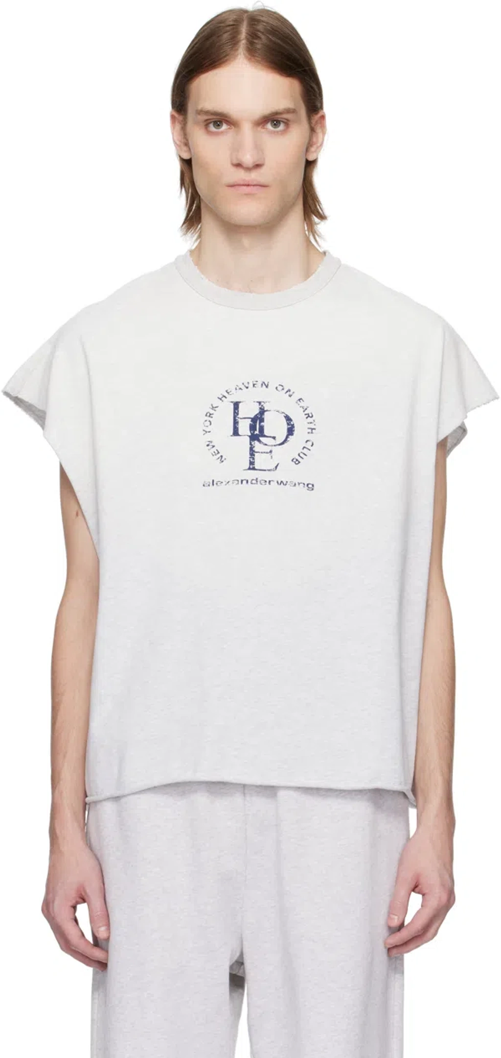 【ALEXANDER WANG】DISTRESSED MUSCLE TEE M Alexander Wang Distressed Logo Oversized Cotton Muscle Tee In Grey