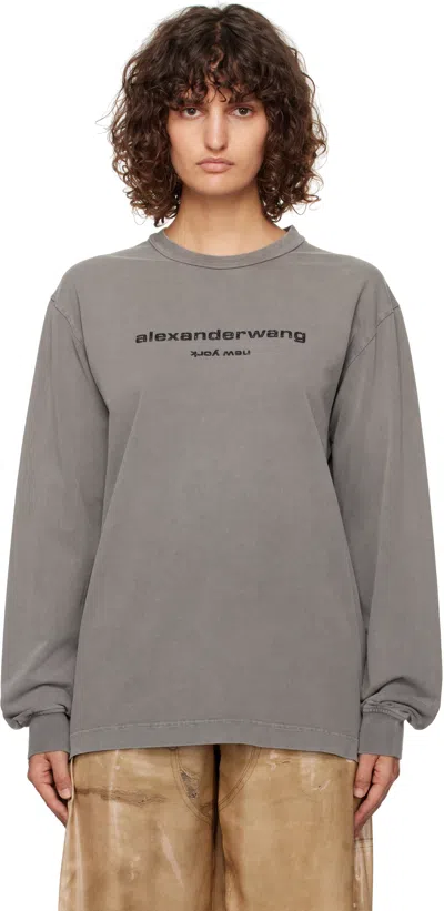 Alexander Wang Gray Glitter Puff Logo Long-sleeve T-shirt In Washed Granite