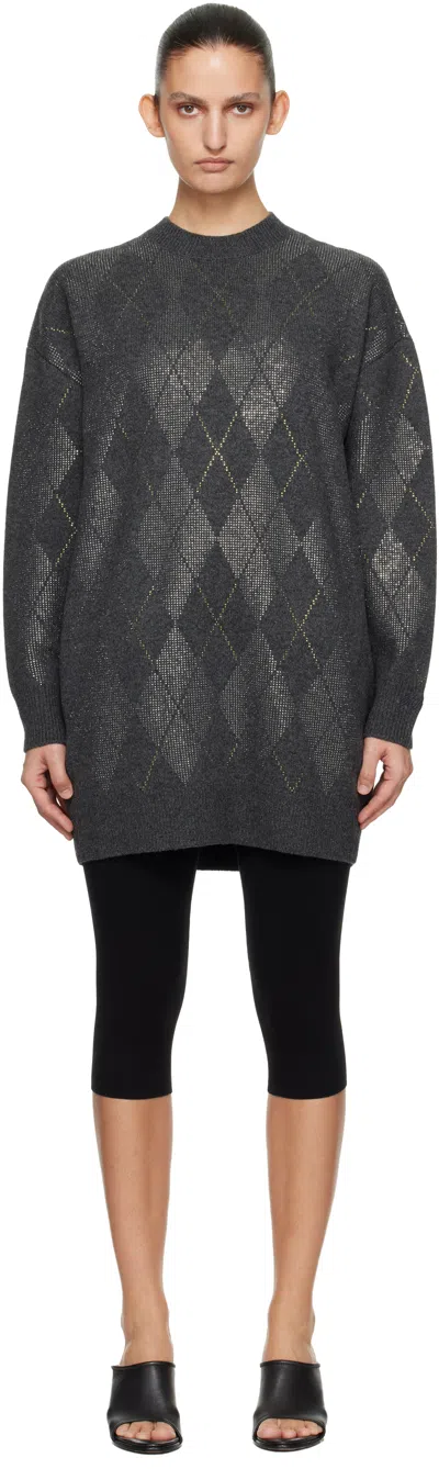 Alexander Wang Gray Long Sleeve Crewneck Crystal Argyle Hotfix Minidress