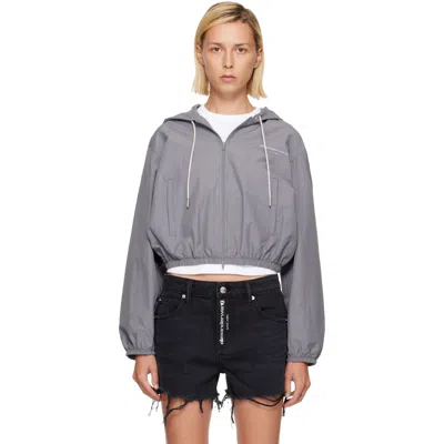 Alexander Wang Gray Shrunken Hoodie Rhinestone Drawcord Jacket In 060a-steel Grey