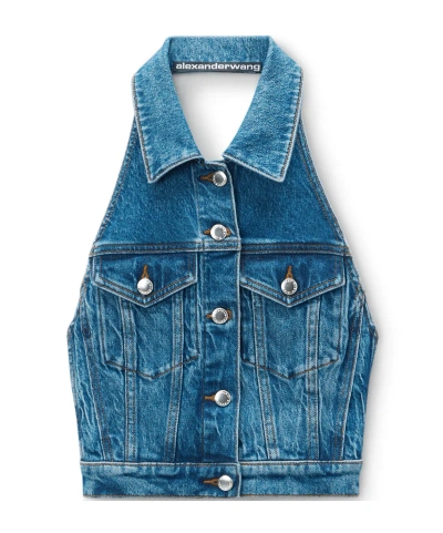 Alexander Wang Halterneck Denim Top In Blue