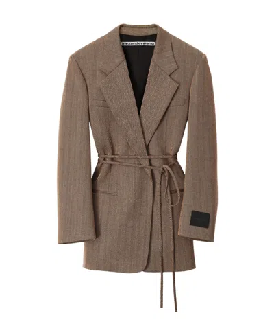Alexander Wang Herringbone Wrap Wool Blazer In Brown