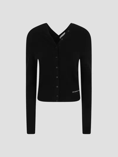 Alexander Wang High Neck Button-up Cardigan With Knit Logo In Black