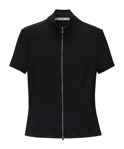 Alexander Wang Rashguard Mock Neck Short Sleeve Top In Black