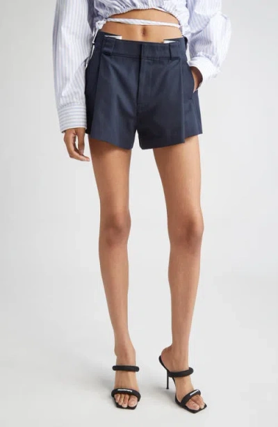 Alexander Wang High Waist Pleat Front Cotton Blend Drill Workwear Shorts In Navy