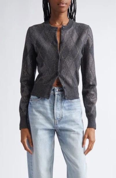 Alexander Wang Hotfix Crystal Argyle Crop Wool Blend Cardigan In Gray