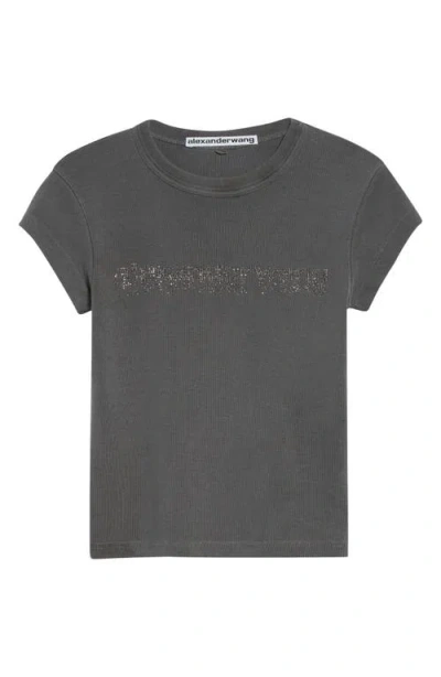 Alexander Wang Hotfix Crystal Logo Baby Tee In Gray