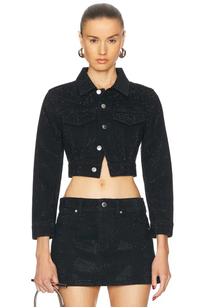Alexander Wang Hotfix Crystal Shrunken Trucker Jacket In Washed Black