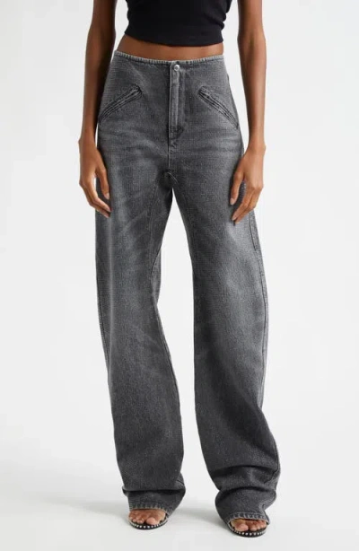 Alexander Wang Hotfix Crystal Twisted Seam Barrel Leg Jeans In Black Crackle Grey