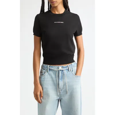 Alexander Wang Hotfix Logo Fitted Short Sleeve Sweater In Black