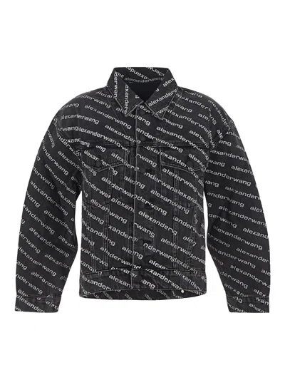 Alexander Wang Denim Jacket With All-over Logo In Black