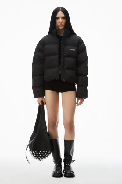 Alexander Wang Jacquard Channel Cropped Puffer W/ Reflective Logo In Black