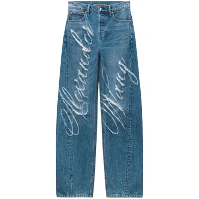 Alexander Wang Logo-frayed Wide-leg Jeans In Blue