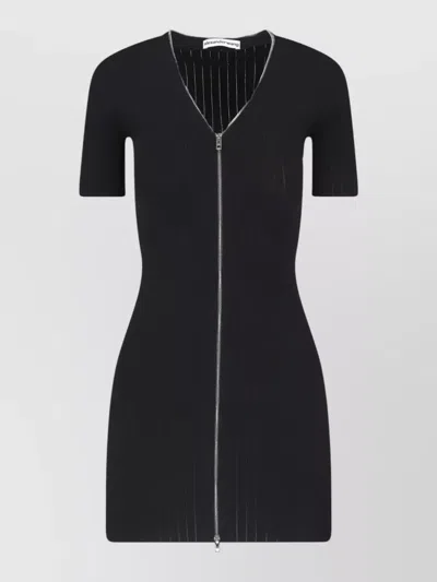 Alexander Wang Knee Length Dress Ribbed Texture V Neckline In Black