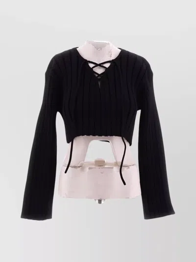 Alexander Wang Lace-up Ribbed V Neck Cropped Top In Black