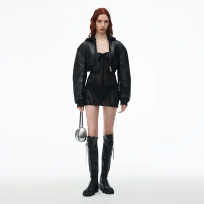 Alexander Wang Leather Bomber Jacket With Crochet Hood In Black