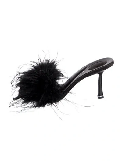 Pre-owned Alexander Wang Leather Feather Trim Slides In Black