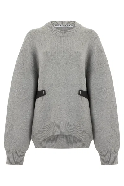 Alexander Wang Relaxed Wool Blend Sweater With Detachable Leather Tabs In Gray