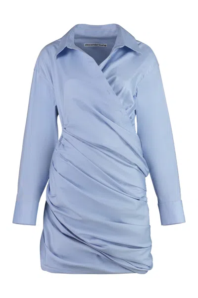 ALEXANDER WANG LIGHT BLUE COTTON MINI-DRESS WITH SHIRT STYLE COLLAR AND CUFFS