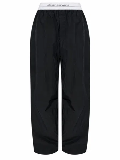 Alexander Wang Logo Cotton Trousers With Elastic Waistband, Wide-leg & Pleated Front In Black