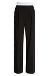 Alexander Wang Logo Elastic Waistband Pleated Stretch Wool Blend Pants In Black