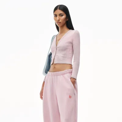 Alexander Wang Logo Embossed Cropped V-neck Cardigan In Washed Pink Lace