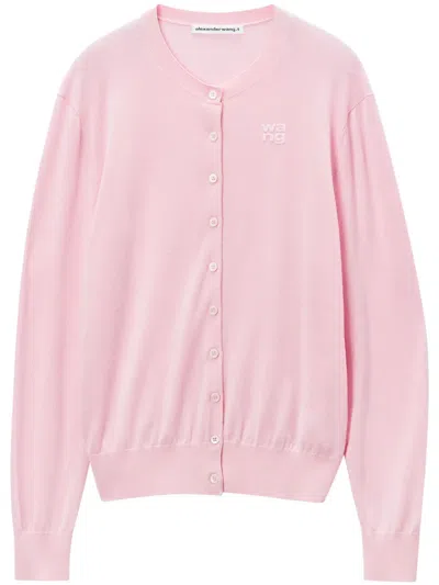Alexander Wang Logo-debossed Merino-wool Cardigan In Pink