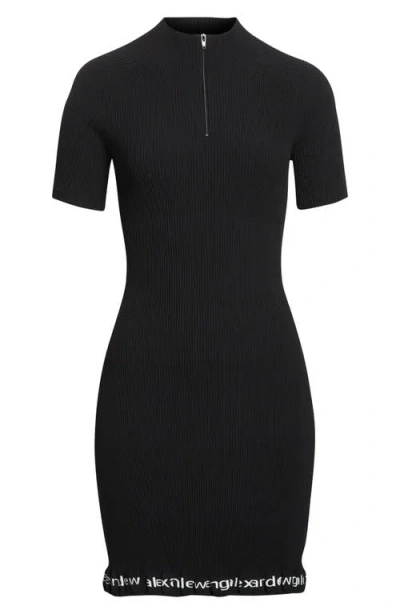 Alexander Wang Logo Hem Short Sleeve Rib Dress In Black