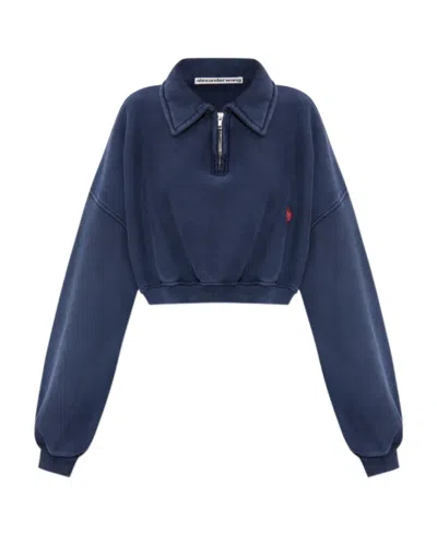 Alexander Wang Logo-patch Cropped Sweatshirt In Blue
