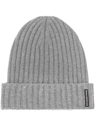 Alexander Wang Logo-patch Ribbed Beanie Hat In Gray