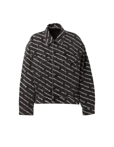Alexander Wang Denim Jacket With All-over Logo In Black