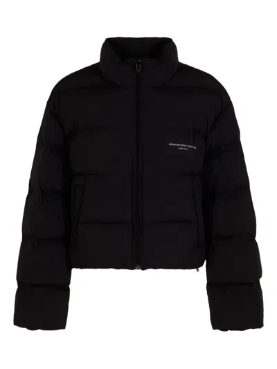 Alexander Wang Cropped Black Puffer Jacket With Jacquard Channel Design And Reflective Logo