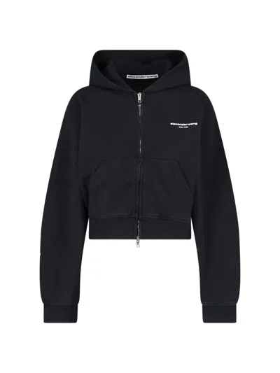 Alexander Wang Logo Print Zip Hooded Black Cotton Sweatshirt