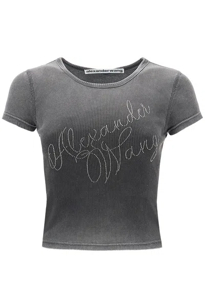 Alexander Wang 'logo Rhinestone T Shirt In Grey