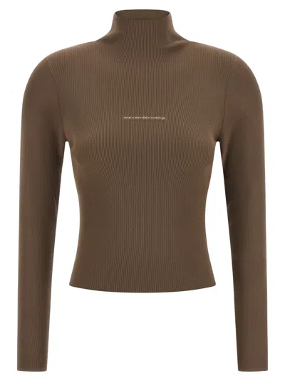 Alexander Wang Logo Knit High Neck Sweater Ribbed In Brown