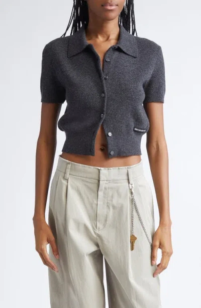Alexander Wang Logo Short Sleeve Wool Crop Cardigan In Gray