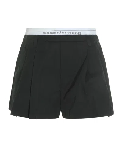 Alexander Wang Logo-waistband Pleated Shorts In Black