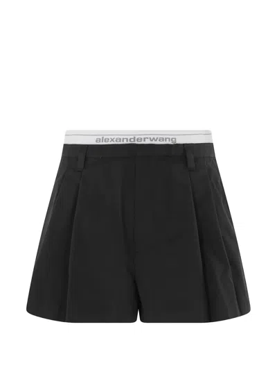 Alexander Wang Logo-elastic Pleated Shorts In Black