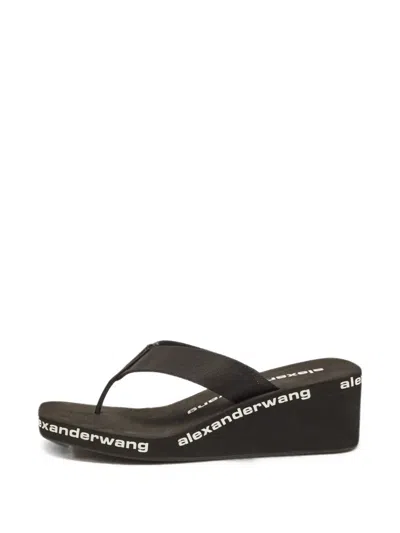 Pre-owned Alexander Wang Logo-print Canvas Thong Wedge Sandals In Black