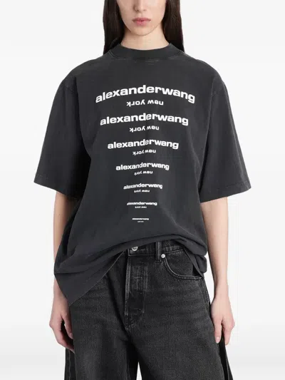 Alexander Wang Logo Cotton T-shirt With Crew Neck And Oversized Voluminous Sleeves In Animal Print